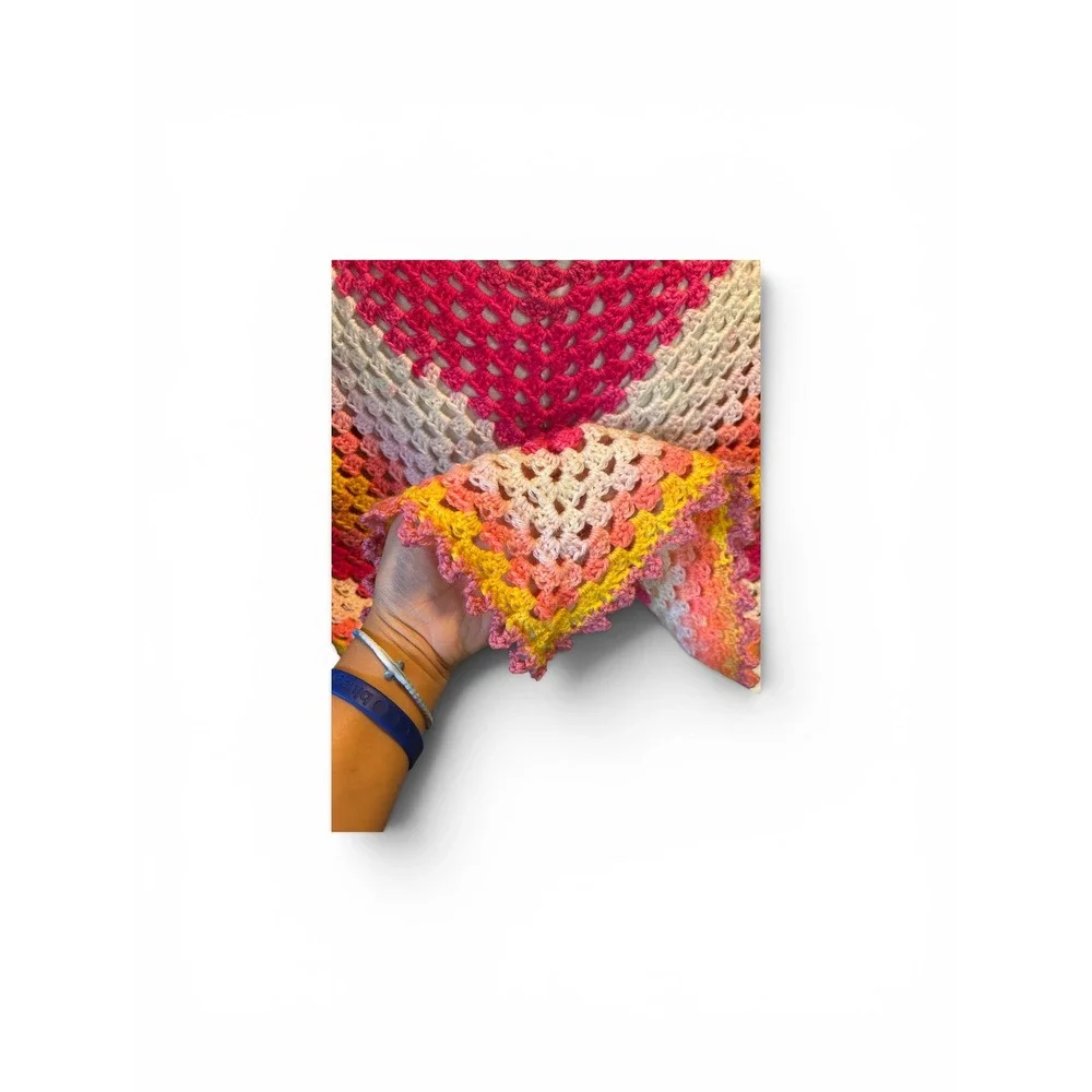 Handmade Crochet Triangle Shawl Rainbow Pink & Orange Regular Sz Boho Ombre NEW